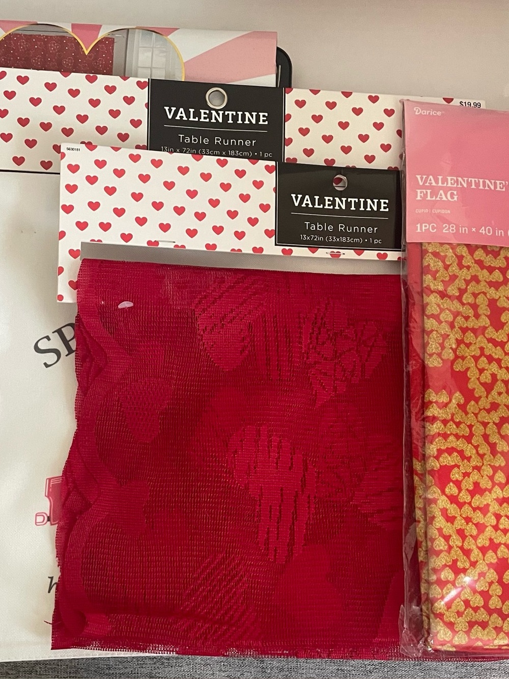 Valentine’s Day Lot - shower curtain, table runner, lace table runner and flag.
